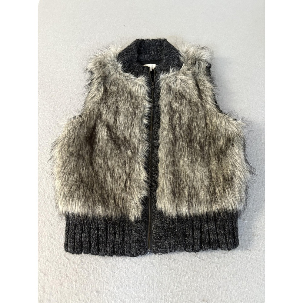 Ann Taylor LOFT Vest Womens XS Petite Gray Faux Fur Knit Zip‎ Front Sleeveless